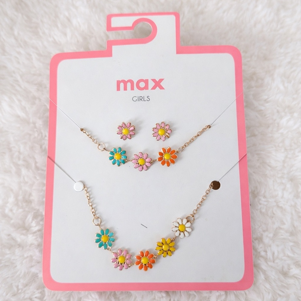 NEW Max Girls Colorful Daisy Necklace, Bracelet & Stud Earrings Set Floral Jewel